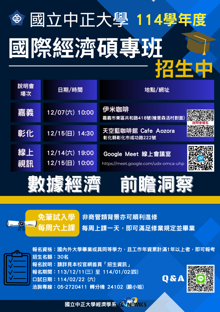 國立中正大學經濟學系「國際經濟學碩士在職專班」於113年12月7日起舉辦4場招生說明會